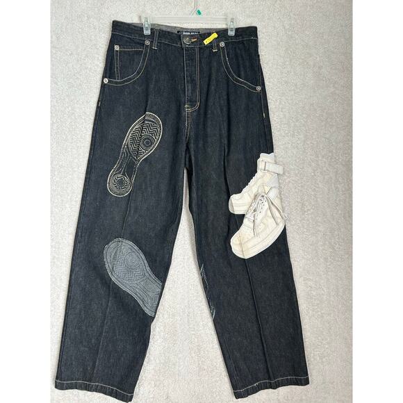 Vintage Y2K Raw Blue Jeans Mens Size 36wx33 Denim Embroidered  Baggy - Picture 1 of 9